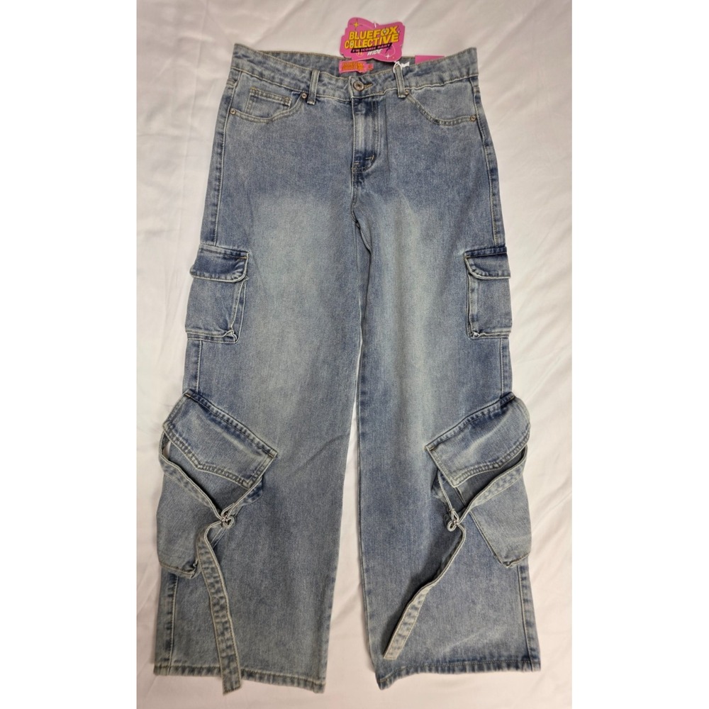 Bluefox Collective Women 9 Wide Leg Cargo Jeans Light Wash Y2K Baggy Utility NWT
